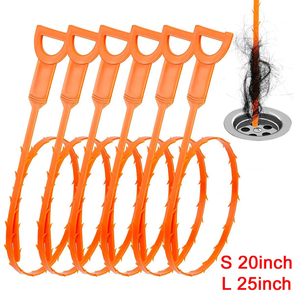 A set of orange flexible drain clog remover tools, including an S 20-inch and an L 25-inch version.