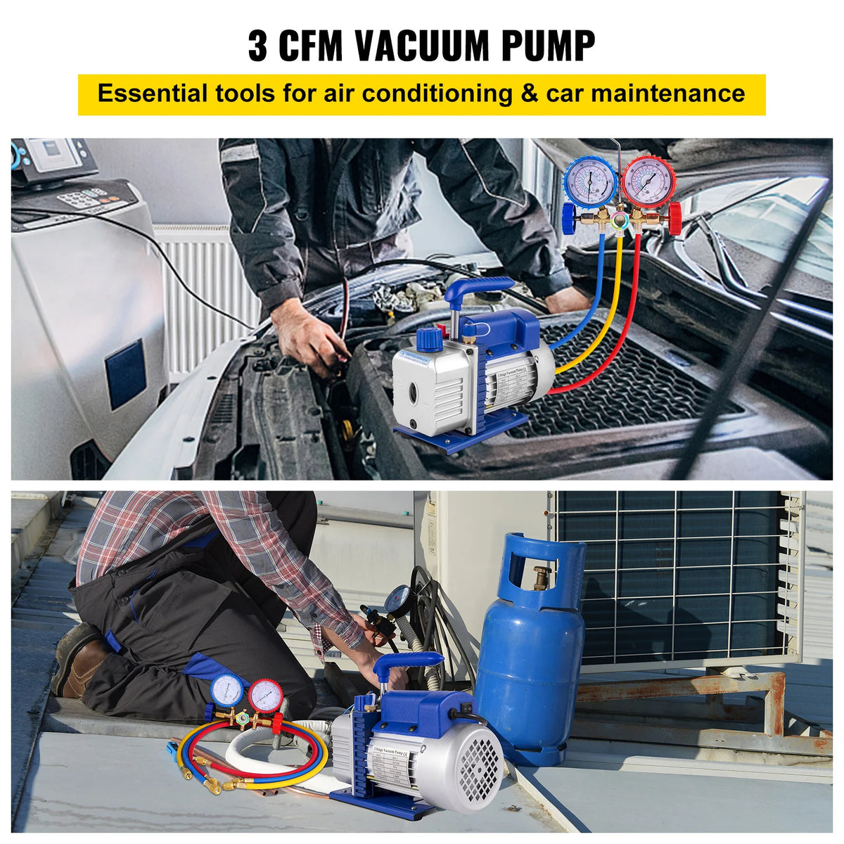 A blue vacuum pump kit is shown being used for air conditioning and car maintenance tasks.