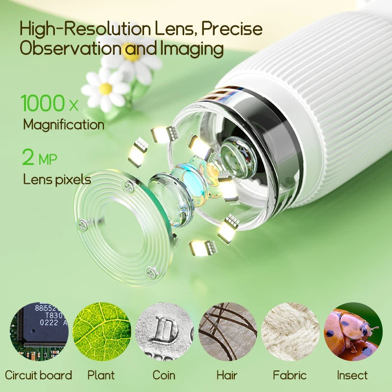 A high-resolution lens microscope is shown with various magnified samples including a plant, coin, hair, fabric, and insect.