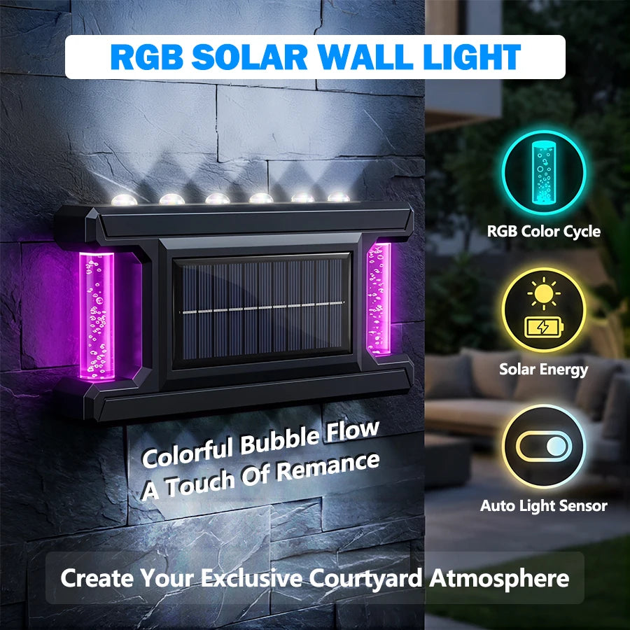 An RGB solar wall light mounted on a stone wall, featuring a solar panel and colorful LED lights.