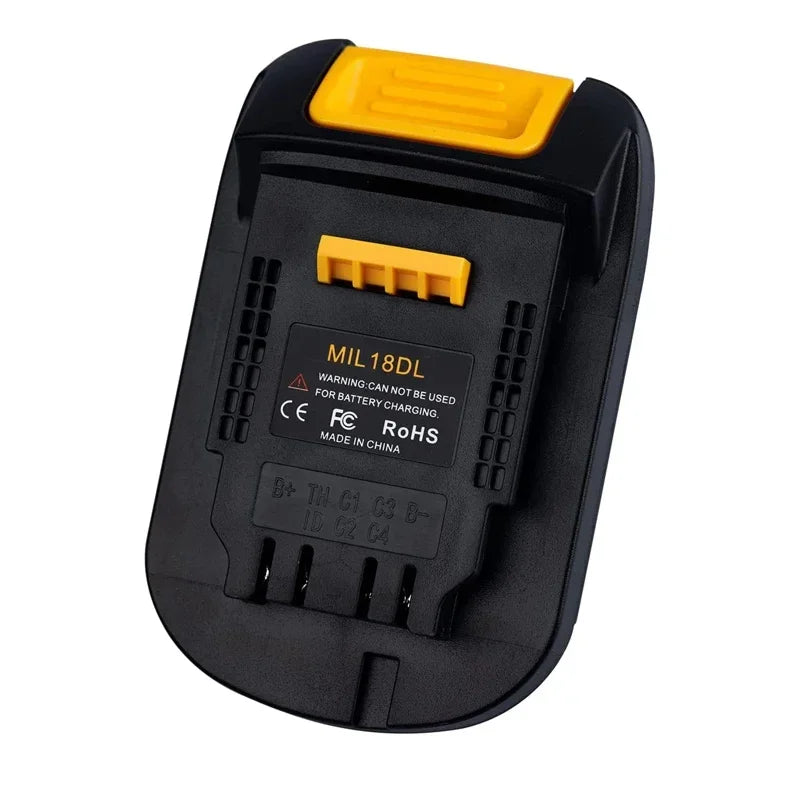 Black battery adapter with an orange top, labeled MIL18DL for battery charging.