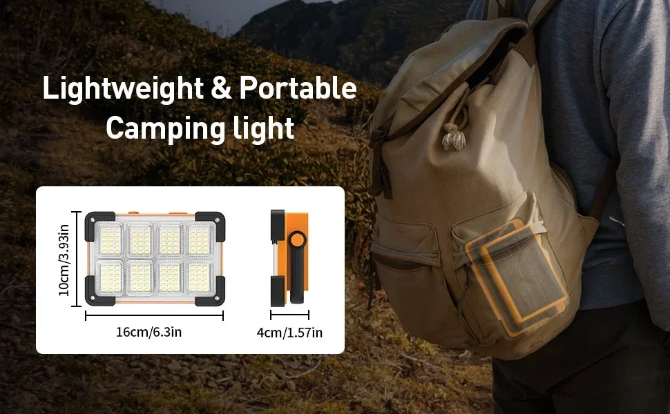 A lightweight and portable camping light is shown being carried in a beige backpack outdoors.