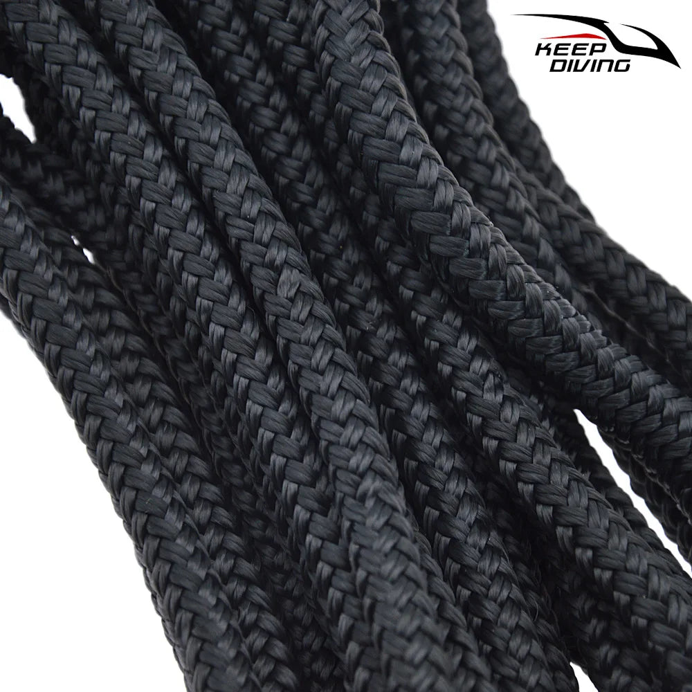 Close-up of black heavy duty double braid docking rope strands