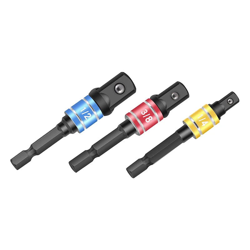 A set of impact grade socket adapters with various sizes and colors for power drills.