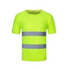 A bright neon yellow high visibility fluorescent work shirt with reflective gray stripes.