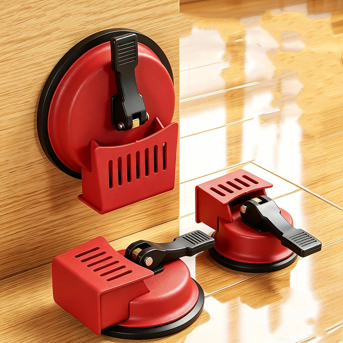 A red heavy duty floor gap repair tool is shown mounted on a wooden surface.