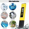 Yellow digital pH meter measuring water quality in various applications like drinking water, aquarium, tap water, swimming po