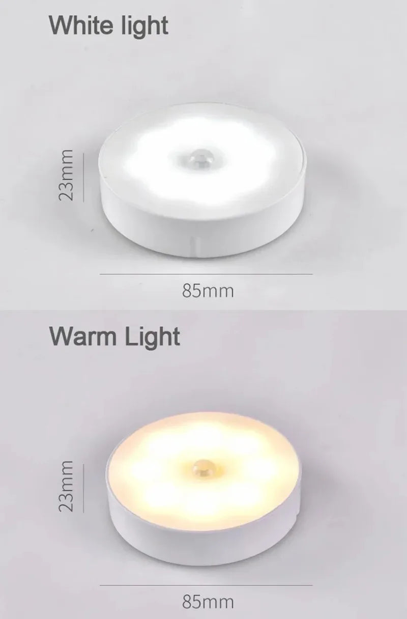 A white light night light and a warm light night light are shown, both with an 85mm diameter and 23mm height.