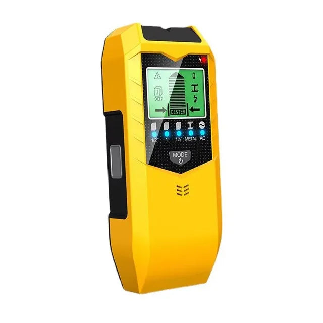 A yellow multi-function wall detector device with a digital display and various settings buttons.