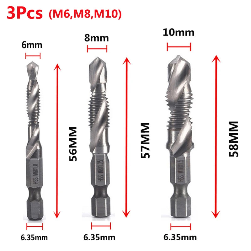 A set of three M6, M8, and M10 hex shank titanium coated taps and drill bits shown with various lengths.