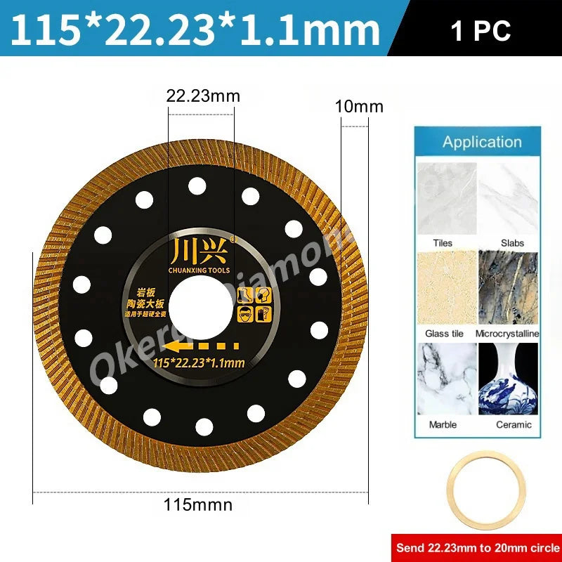 A circular diamond saw blade disc with a gold rim and black center, used for cutting tiles and slabs.
