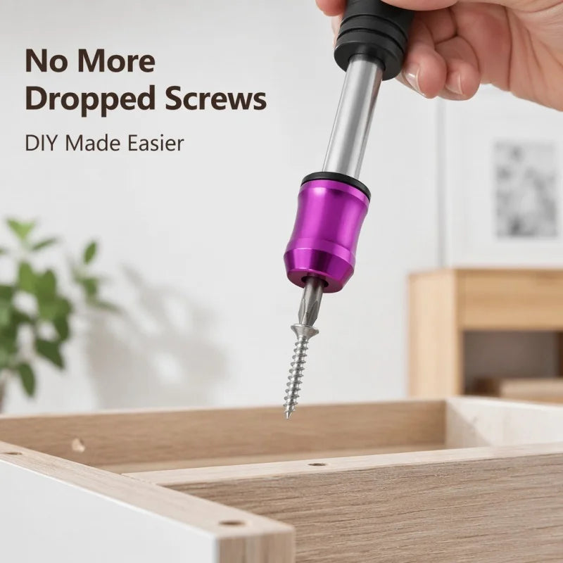A hand holds a silver magnetic screwdriver bit set with a purple handle, positioned above a wooden box.