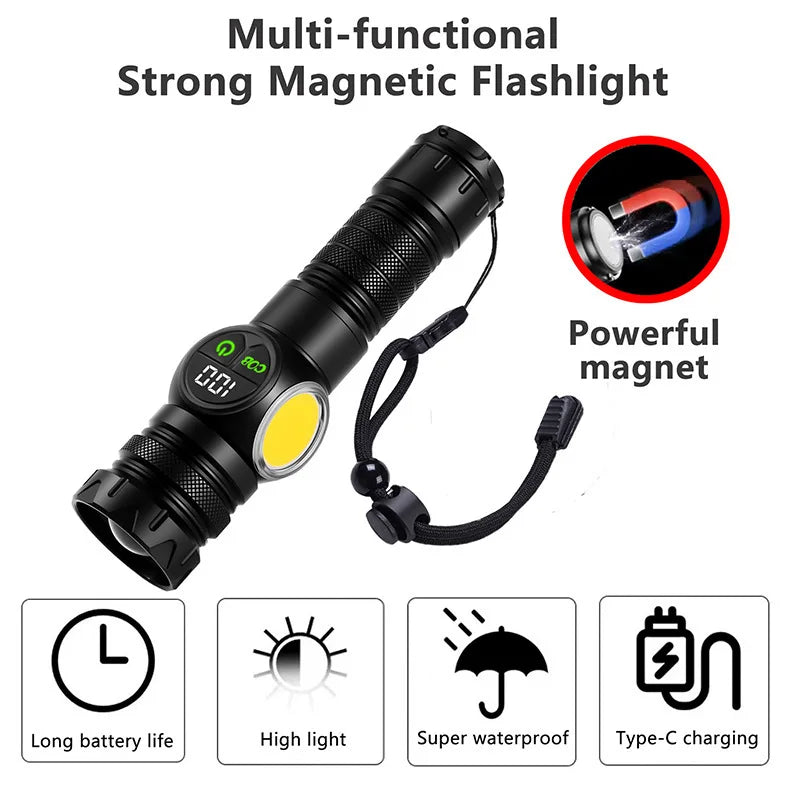 Schwarze multifunktionale starke Taschenlampe mit Zoomlinse und Ladekabel.