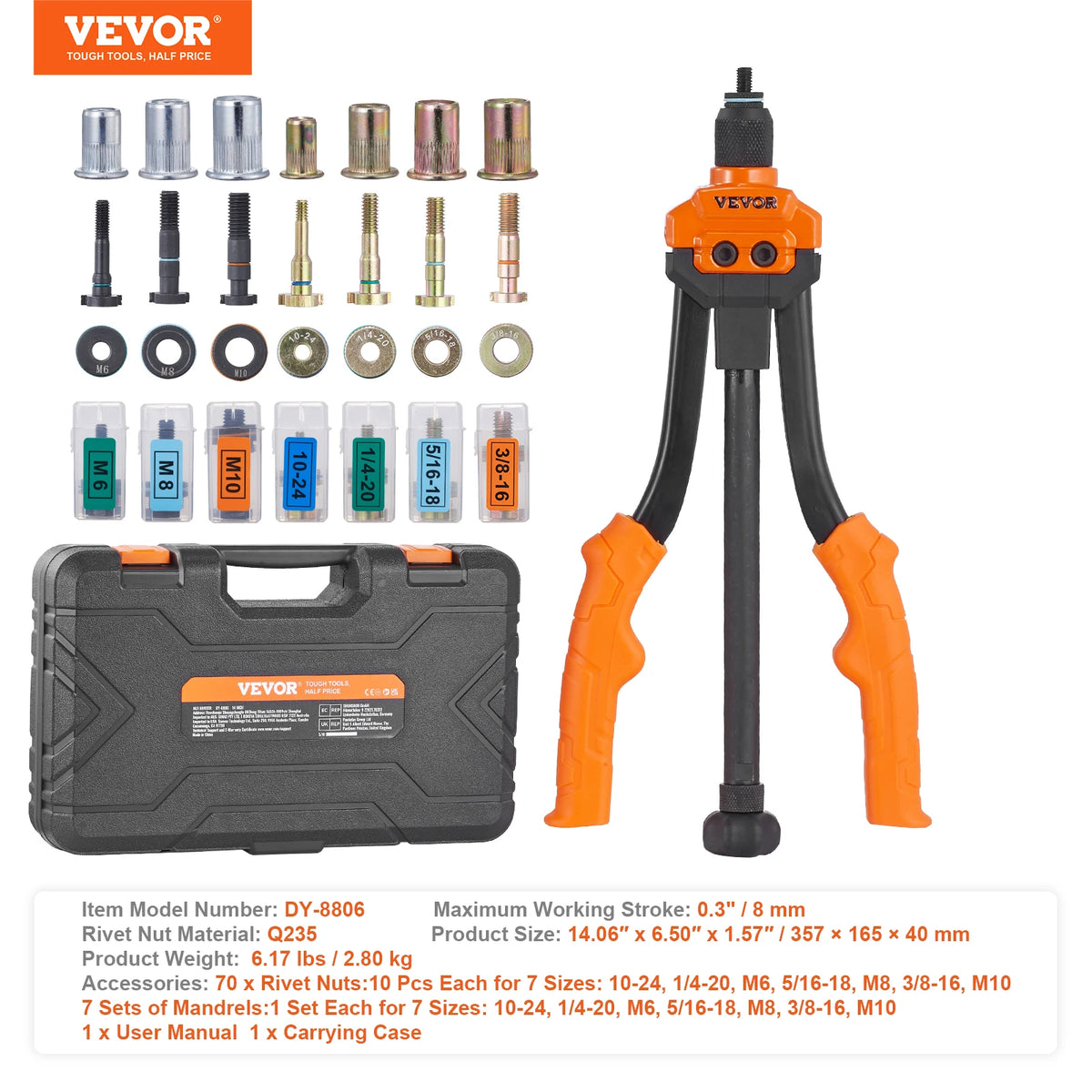 A set of professional rivet nut tools and a carrying case for various sizes