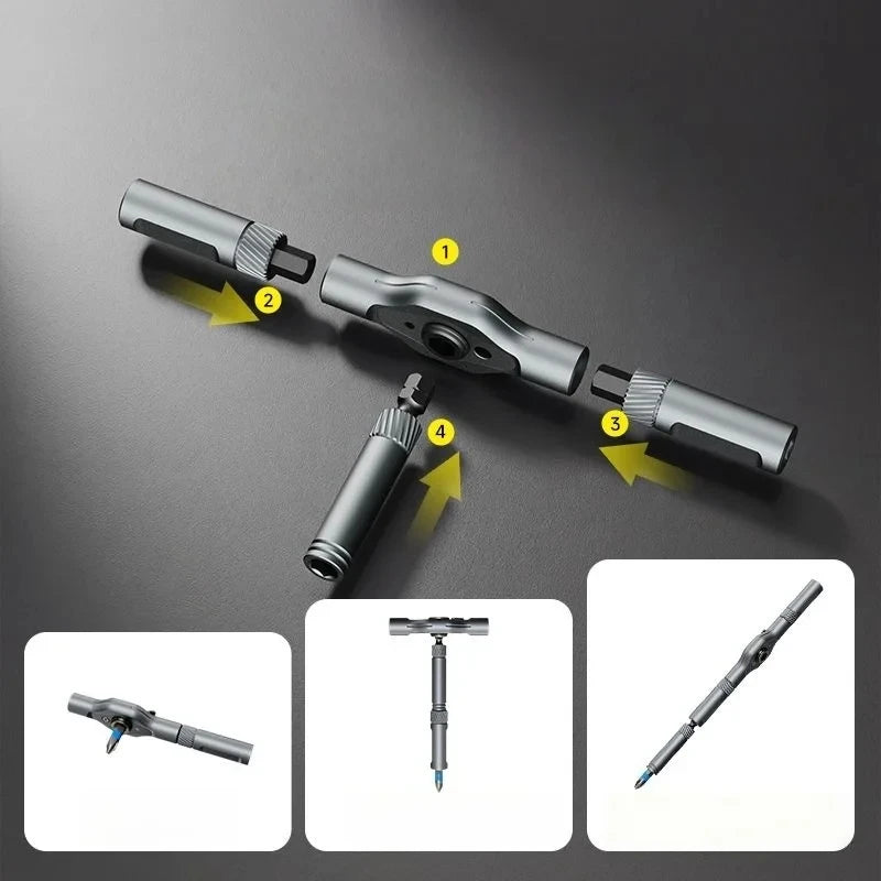 A silver ratchet screwdriver set with various attachments shown in different angles and close-ups.
