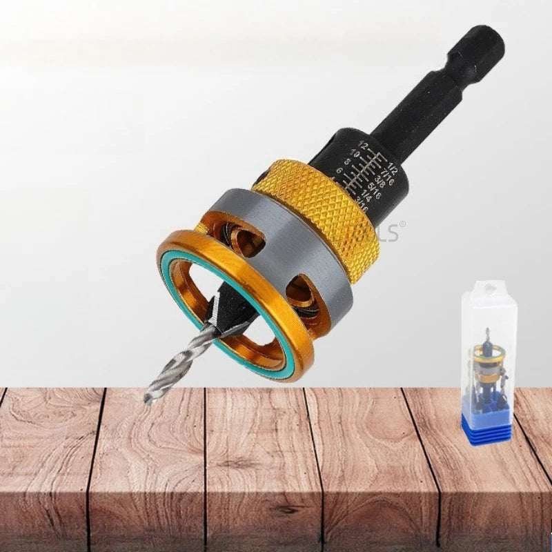 A close-up view of an adjustable countersink drill bit set with a yellow and black handle and a metal drill bit tip on a wood