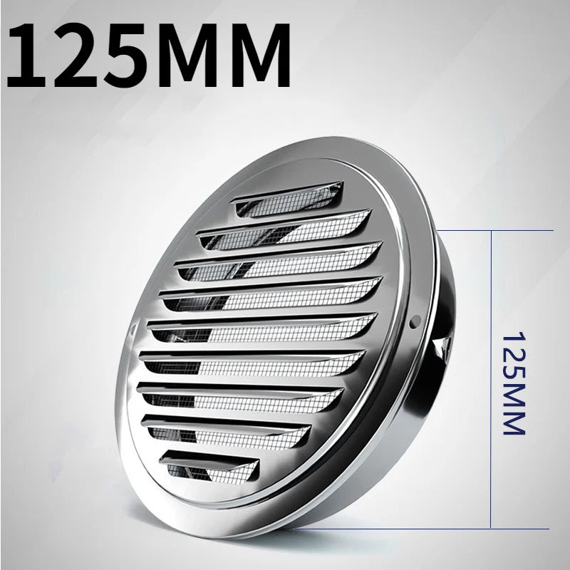 A close-up view of a 125mm stainless steel air vent grille designed for wall protection.