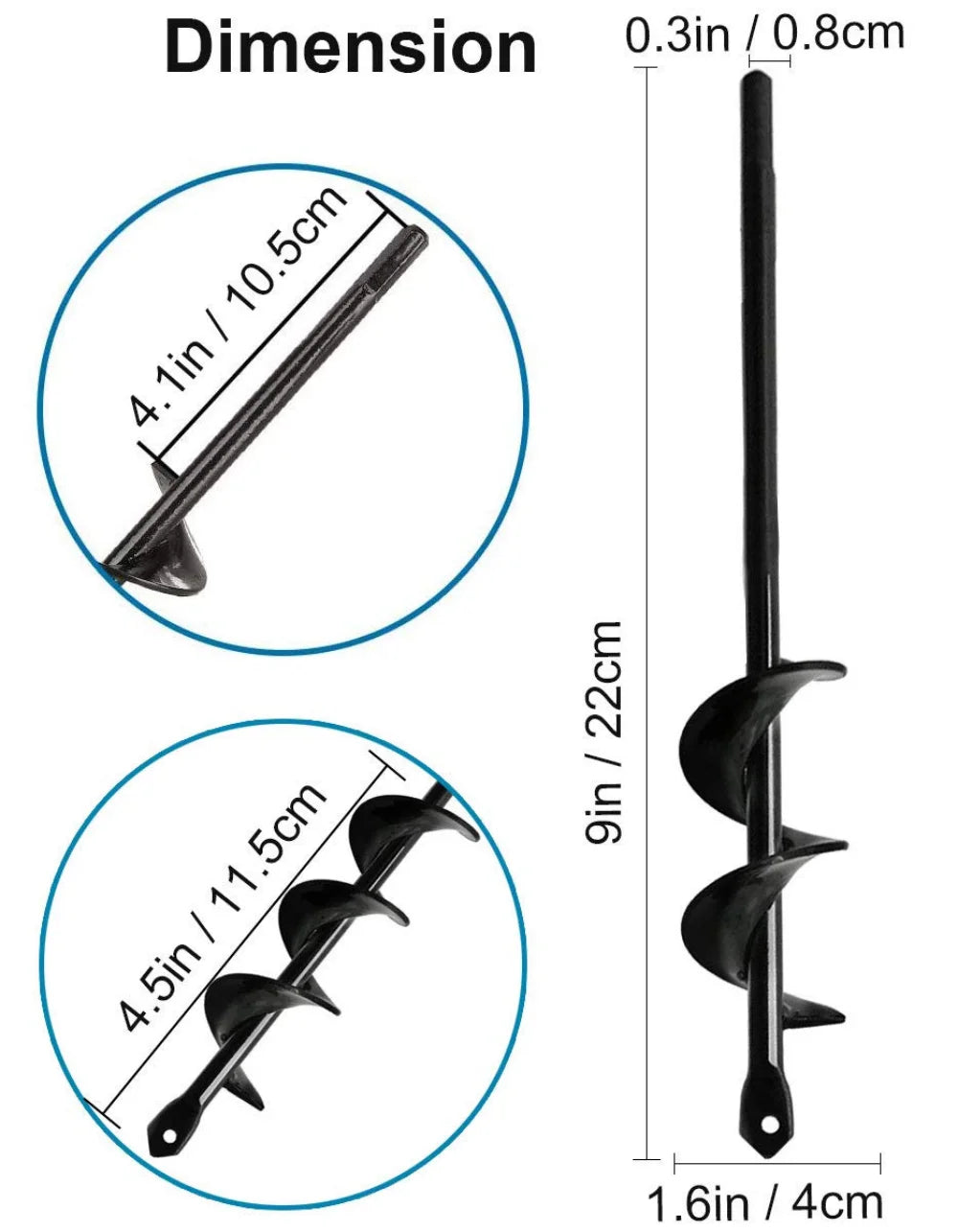 Diagram showing dimensions of a garden auger drill bit, including 4.1in and 4.5in lengths.