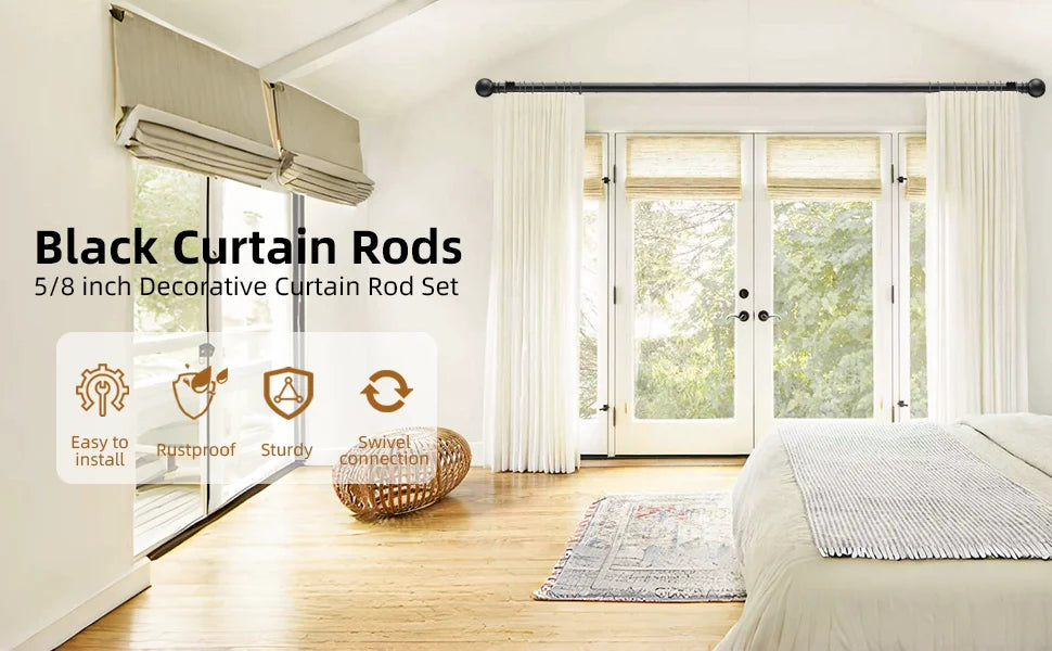 Matte black heavy duty curtain rods and decorative rod set installed in a bright room with large glass doors