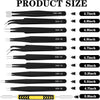 A set of precision ESD anti-static tweezers with various sizes and tips shown in a row.