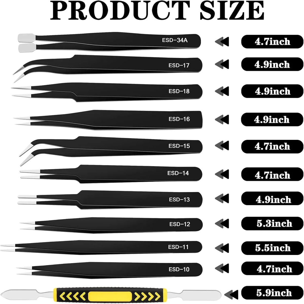 A set of precision ESD anti-static tweezers with various sizes and tips shown in a row.