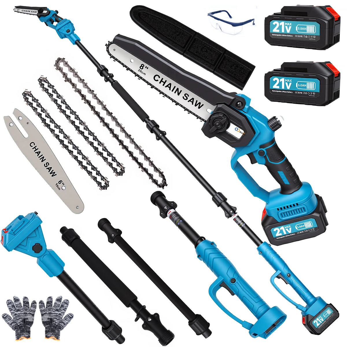 Set aus 2-in-1 kabellosen Elektrobalkensägen mit Säge, Sägeblatt und Akku in blau und schwarz