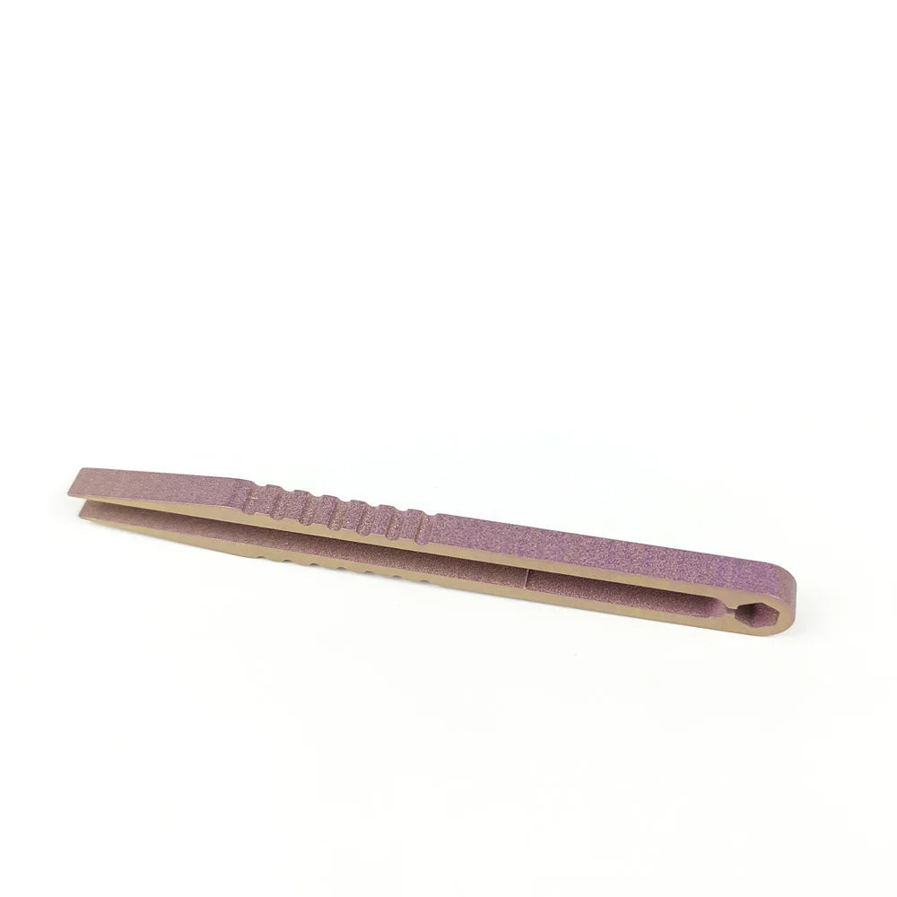 A long, slender titanium clip tweezers with a textured grip and a pinkish-purple color.