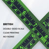 A close-up of a black and green double-sided tape measure with clear printing showing measurements.