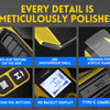 Close-up view of a yellow wall detector scanner showing features like anti-slip texture, ABS shockproof shell, acrylic panel,