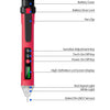 A red non-contact AC voltage detector pen showing various features like a battery cover, door lock, pen clip, and various key
