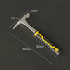 A gray forged geological rock pick hammer with a yellow grip shown at an angle.