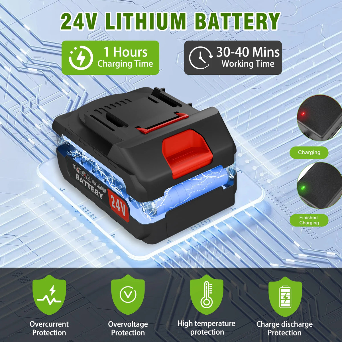 A black 24V lithium battery for a cordless electric lawn trimmer, shown with various protection features.