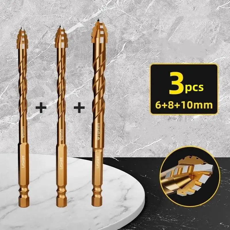 ثلاثة رؤوس مثقاب من الكربيد باللون الذهبي بأحجام 6 و8 و10 ملم معروضة على خلفية رخامية رمادية.