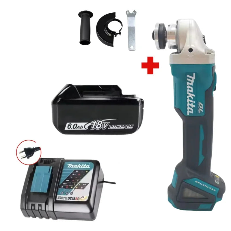Makita 18V Lithium-Ion brushless angle grinder and accessories