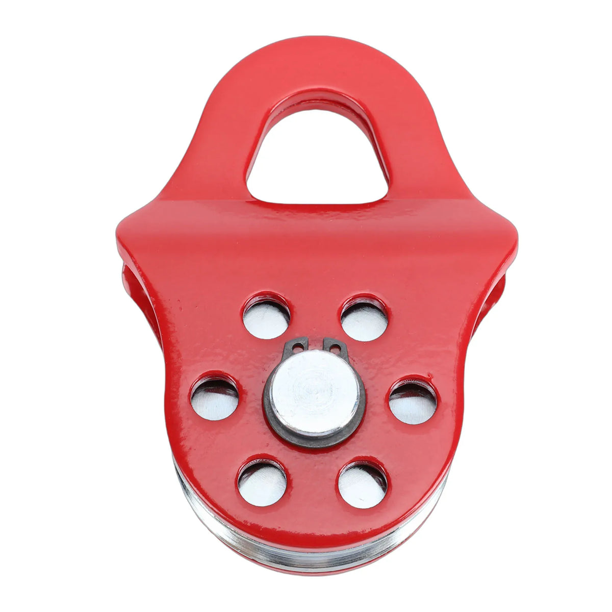 A red heavy duty winch snatch block with a curved handle and multiple mounting holes.