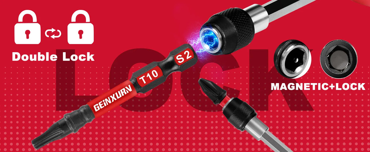 A red and black magnetic screwdriver set with a glowing tip, shown next to double lock icons.