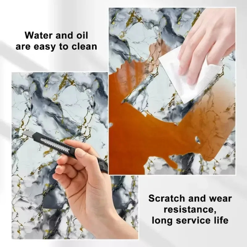 Nettoyage d'un autocollant mural effet marbre orange sur une surface blanche.
