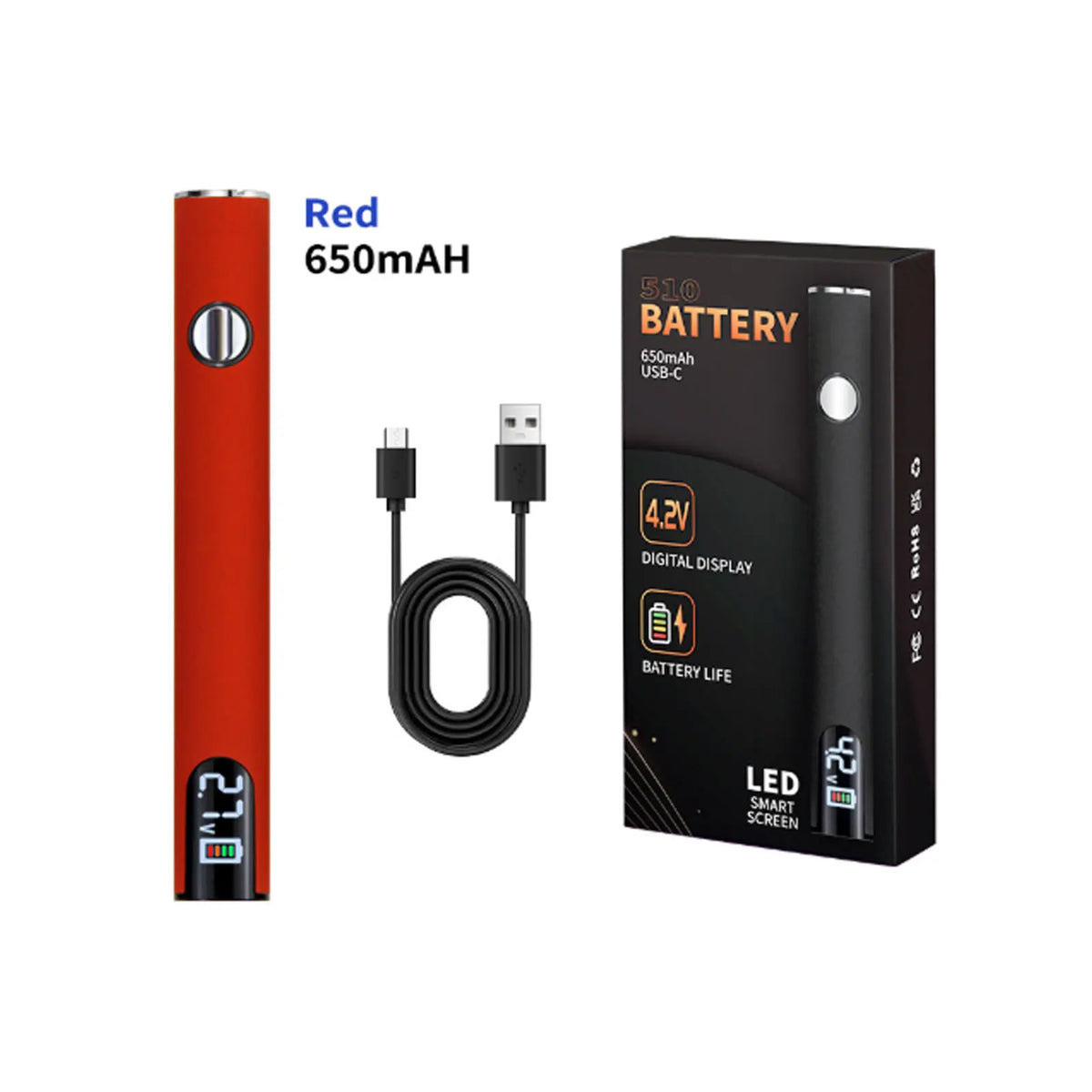 A red 650mAh battery and a black soldering iron kit with USB charging cable.