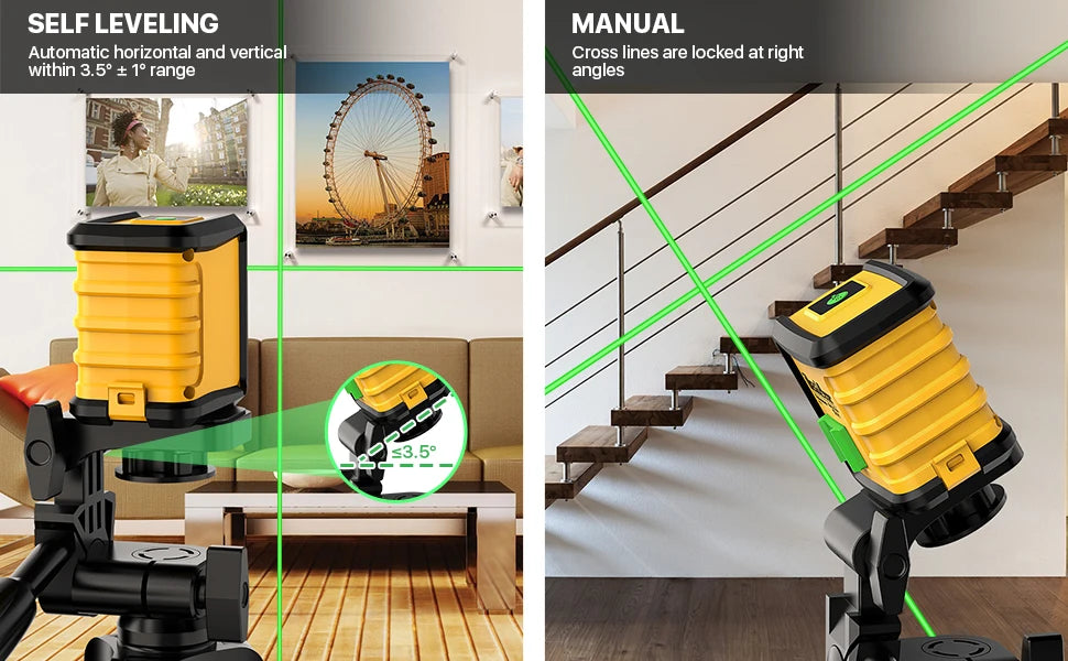 Nivel láser amarillo y negro autonivelante usado para nivelación horizontal y vertical en una habitación.