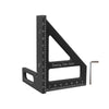 A black drawing line ruler used as a precision angle and layout square for woodworking.