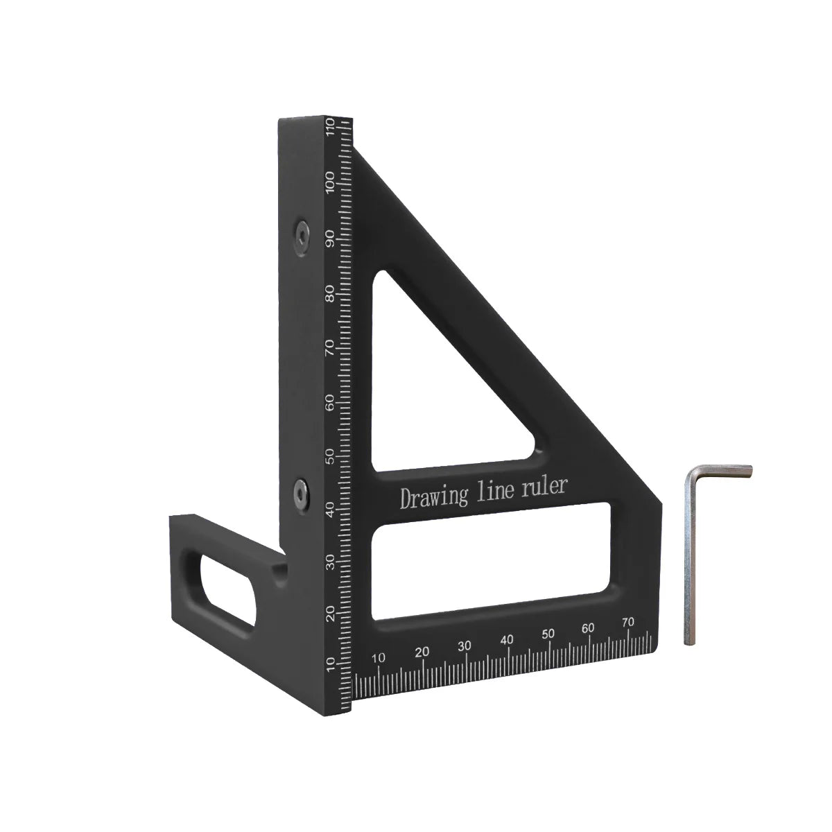 A black drawing line ruler used as a precision angle and layout square for woodworking.