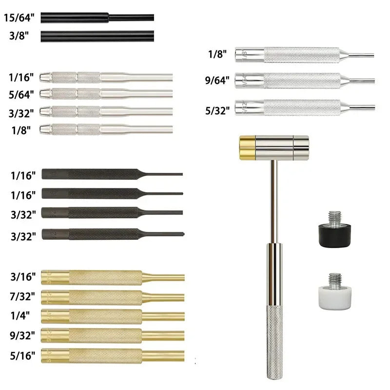 A collection of precision gunsmithing punch tools in various sizes and finishes, including brass, silver, and black.