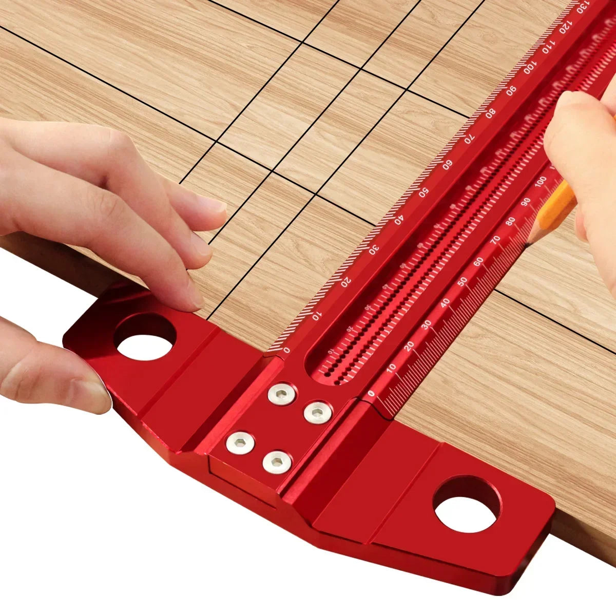 A hand is using a red precision marking T-square with a ruler to measure wood.