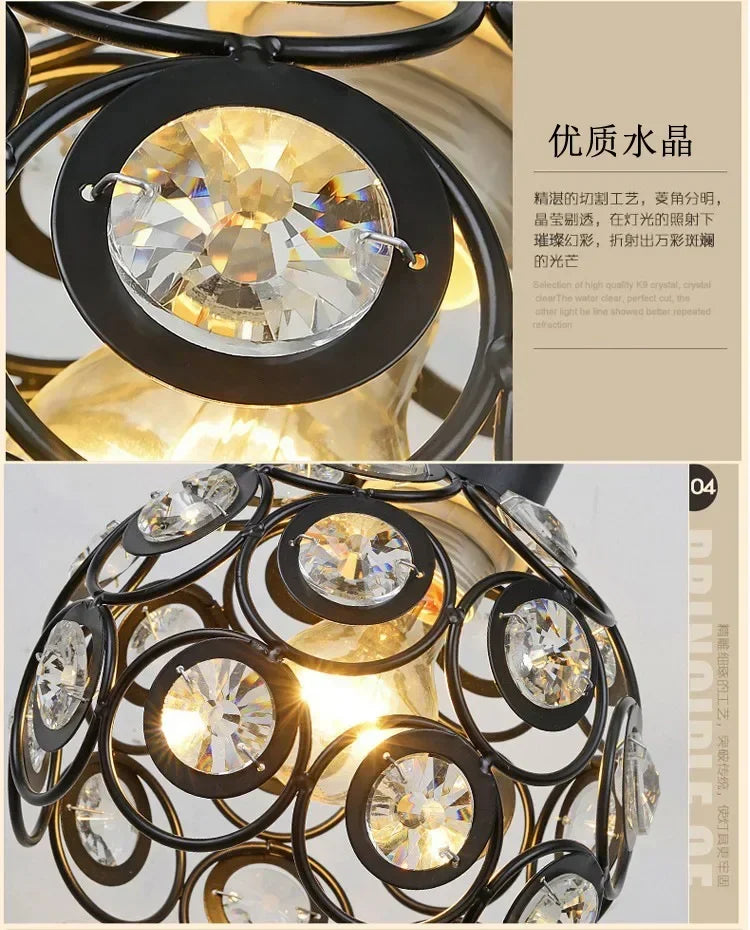A close-up view of a crystal LED chandelier lamp featuring intricate glasswork and gold accents.