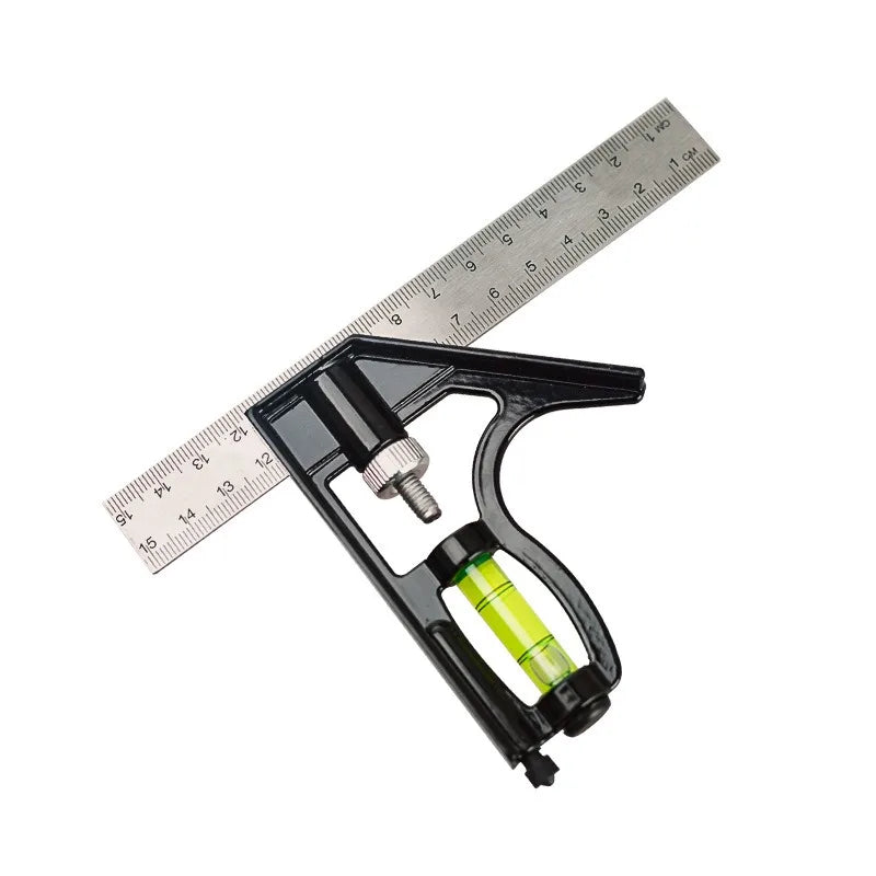 A black spirit level tool is shown next to a ruler for scale.