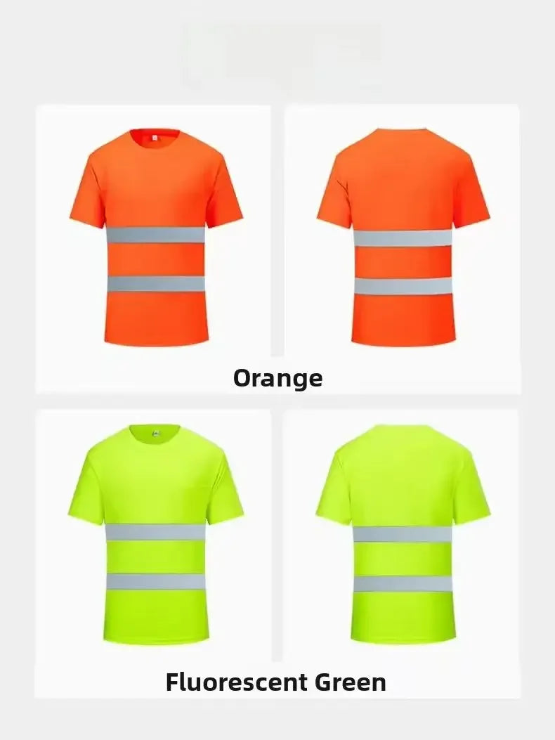 Two high visibility work shirts are shown: one orange and one fluorescent green, both featuring reflective stripes.