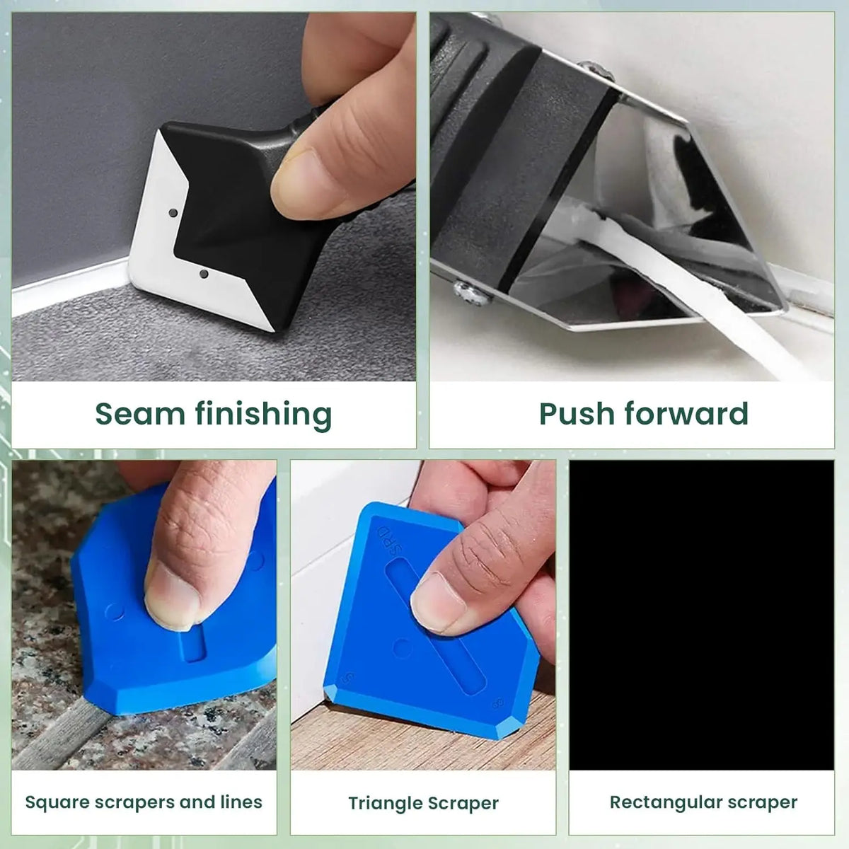 A set of silicone tools for seam finishing, push forward, square scraping, triangle scraping, and rectangular scraping.