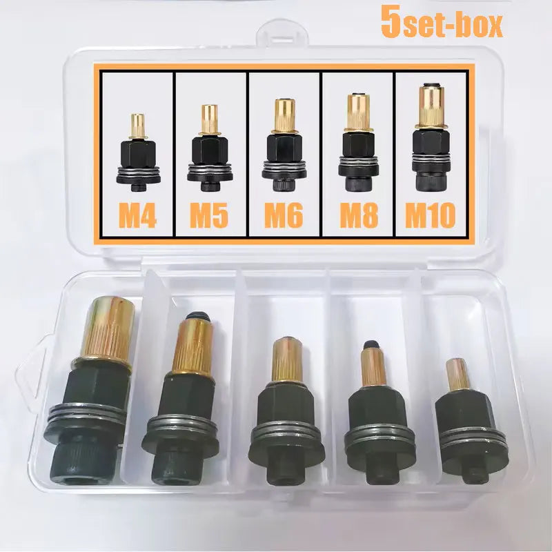 A 5-set box containing various metric size metal fittings and nuts for manual riveting tools.