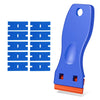 A blue multi-surface plastic razor blade scraper with a curved handle and orange blade visible.