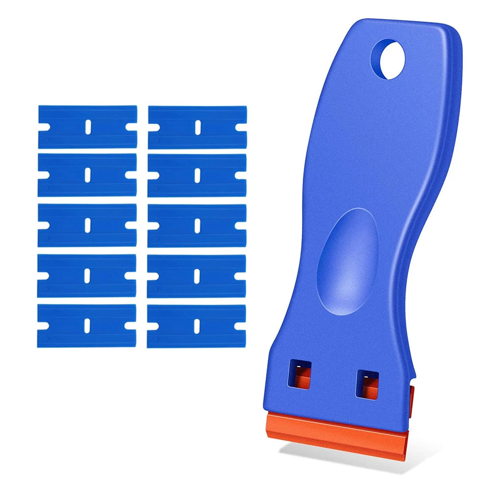 A blue multi-surface plastic razor blade scraper with a curved handle and orange blade visible.